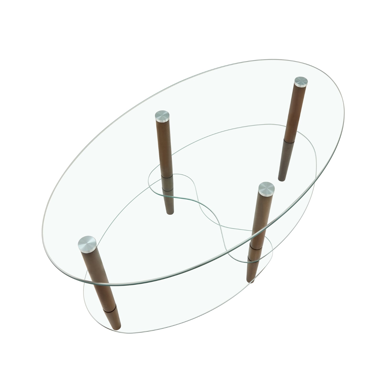 Transparent Oval Glass Coffee Table, 3-Layer Oak Leg Modern Living Room Table