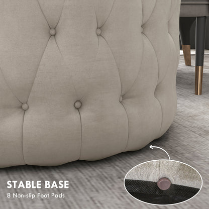 Round Ottoman Coffee Table with Velvet-feel Upholstery, Button Tufted Design and Padded Seat, Beige