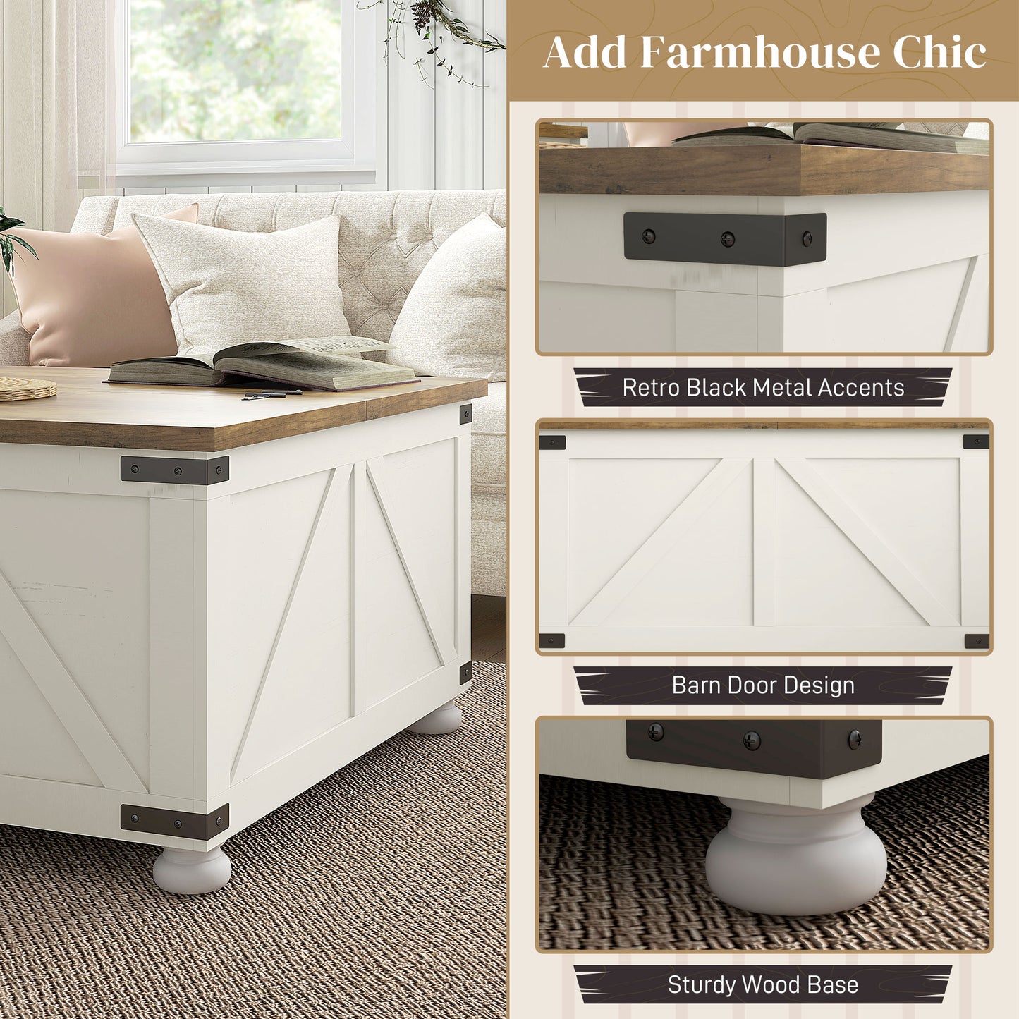 Farmhouse Coffee Table with Storage, Large Square Coffee Table for Living Room Furniture, Wooden Center Table