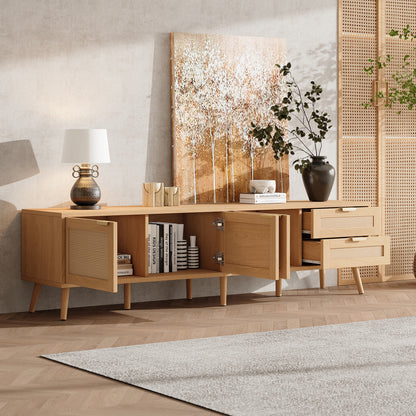 70inch Modern TV Stand With Rattan Doors For TVs Up To 80, Media Console With Storage Space, 2 Drawers & Cable Holes, Entertainment Center For Living Room