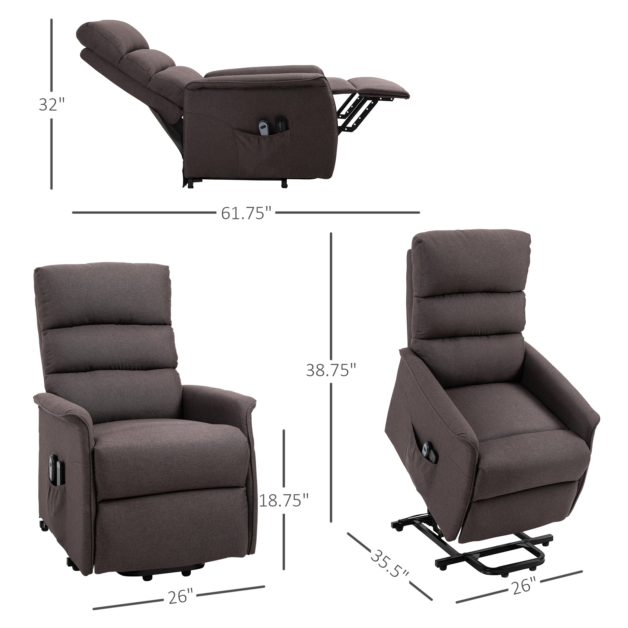 Power Lift Assist Recliner Chair for Elderly with Remote Control, Linen Fabric Upholstery, Brown