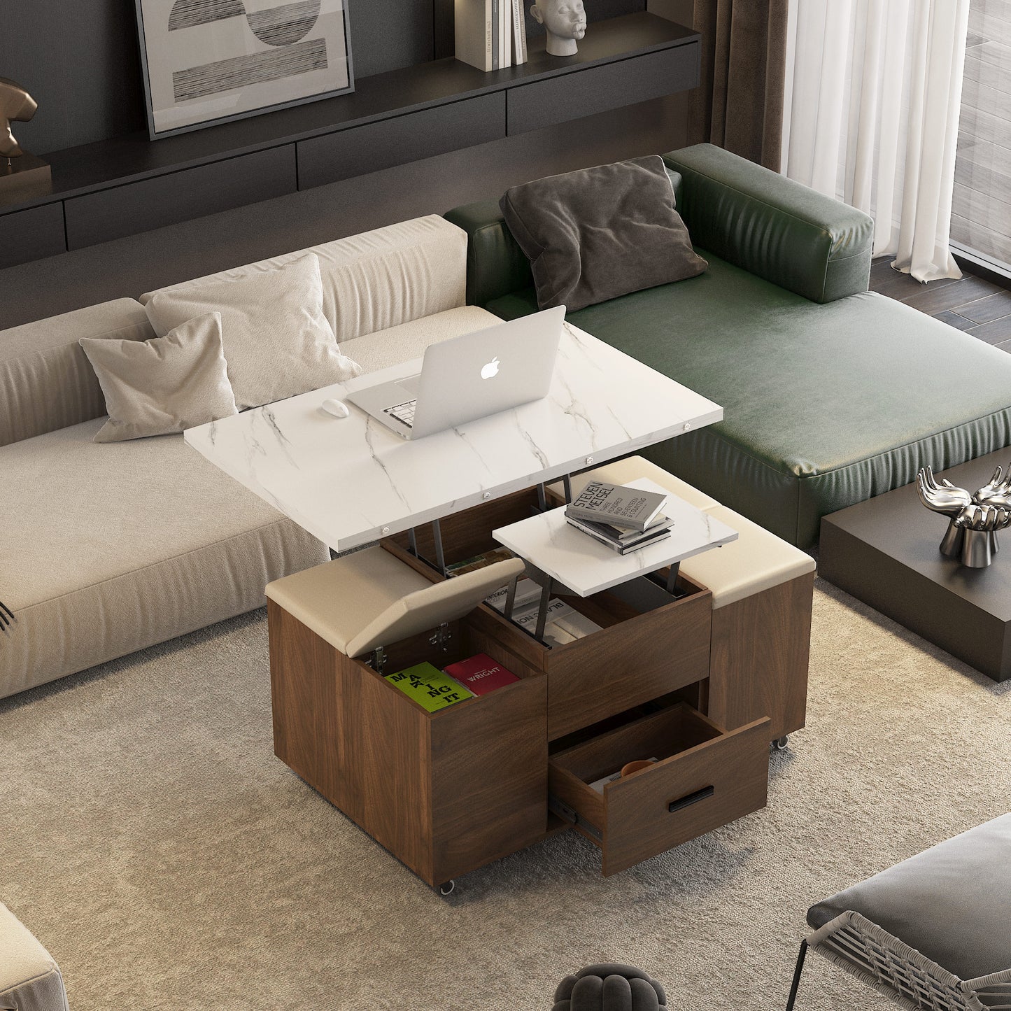 Modern Lift-Up Coffee Table With 4 Stools Set For Living Room Expandable 1 Hidden Storage 2 Drawers Space Saving Folding Dining Table