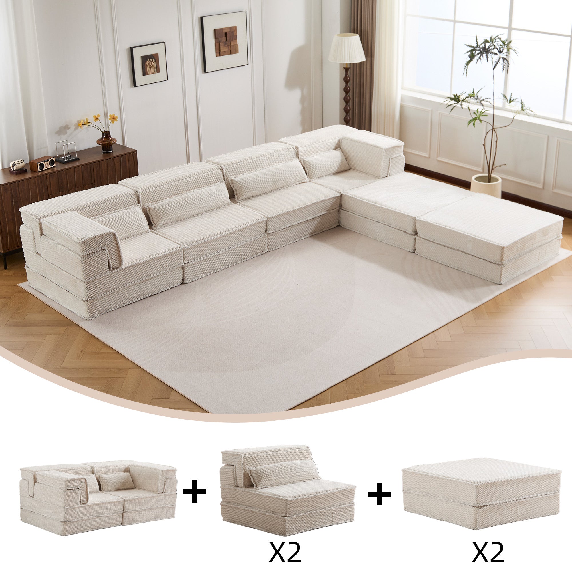 Compression Mahjong Sofa,Convertible Floor Sofa Bed,DIY Boneless Modular Sectional Sofa,No Assembly Required,Circle Fleece Fabric,Oversized 4 Seater With 2 Ottoman,White