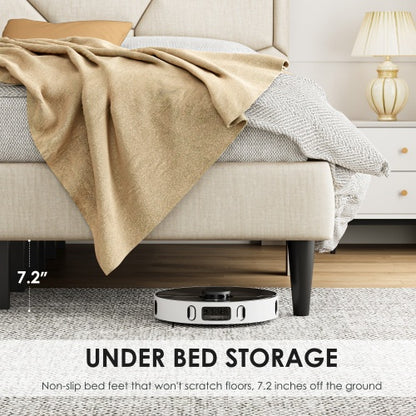 Queen Bed Frame, Linen Storage Headboard, Strong And Stable, No Noise, No Box Spring, Easy To Assemble
