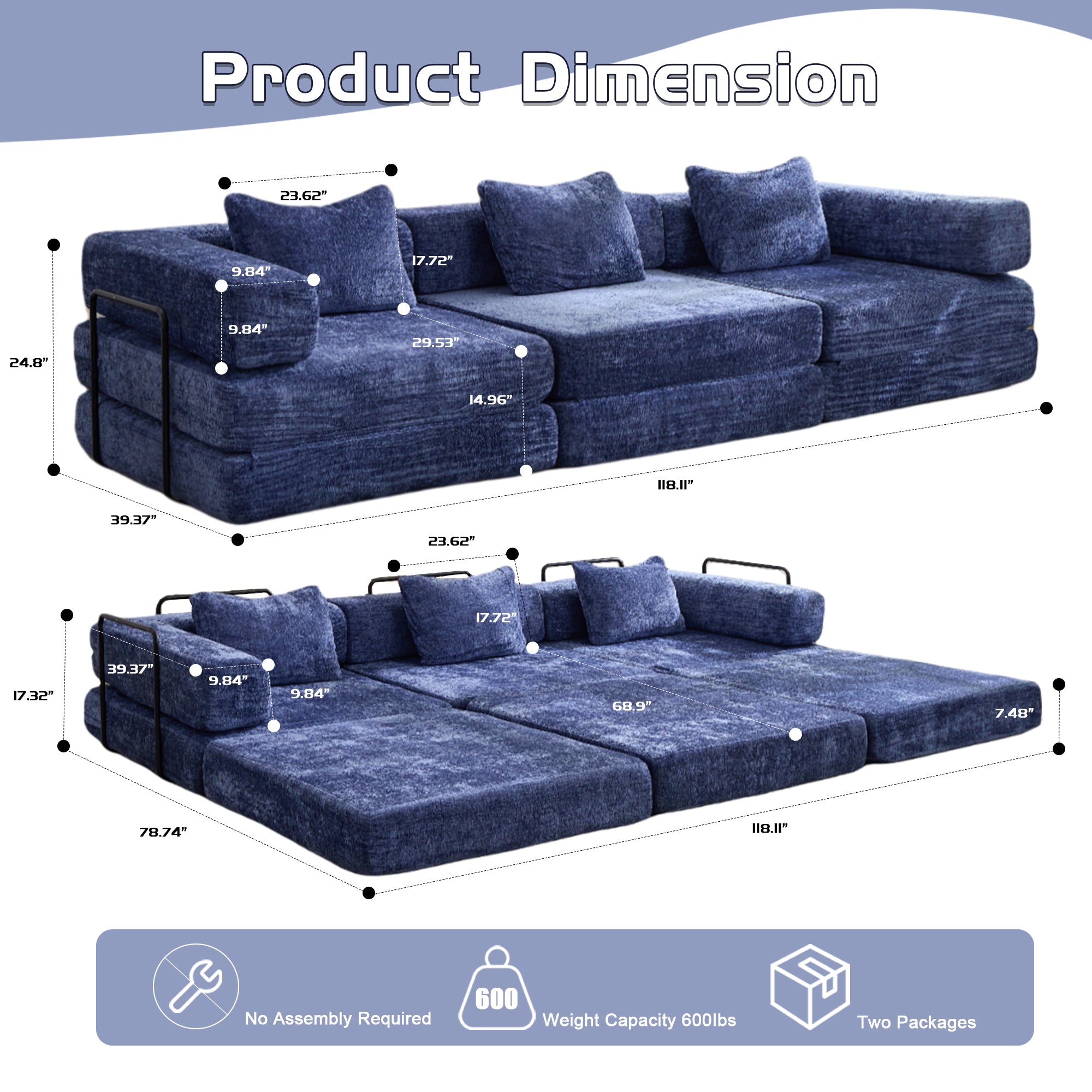 Compression Sofa,Convertible Floor Sofa Bed With Fixed-Shape Frame, Boneless Modular Sectional Sofa,No Assembly Required,Chenille Fabric,for Living Room Bedroom,Dark Blue