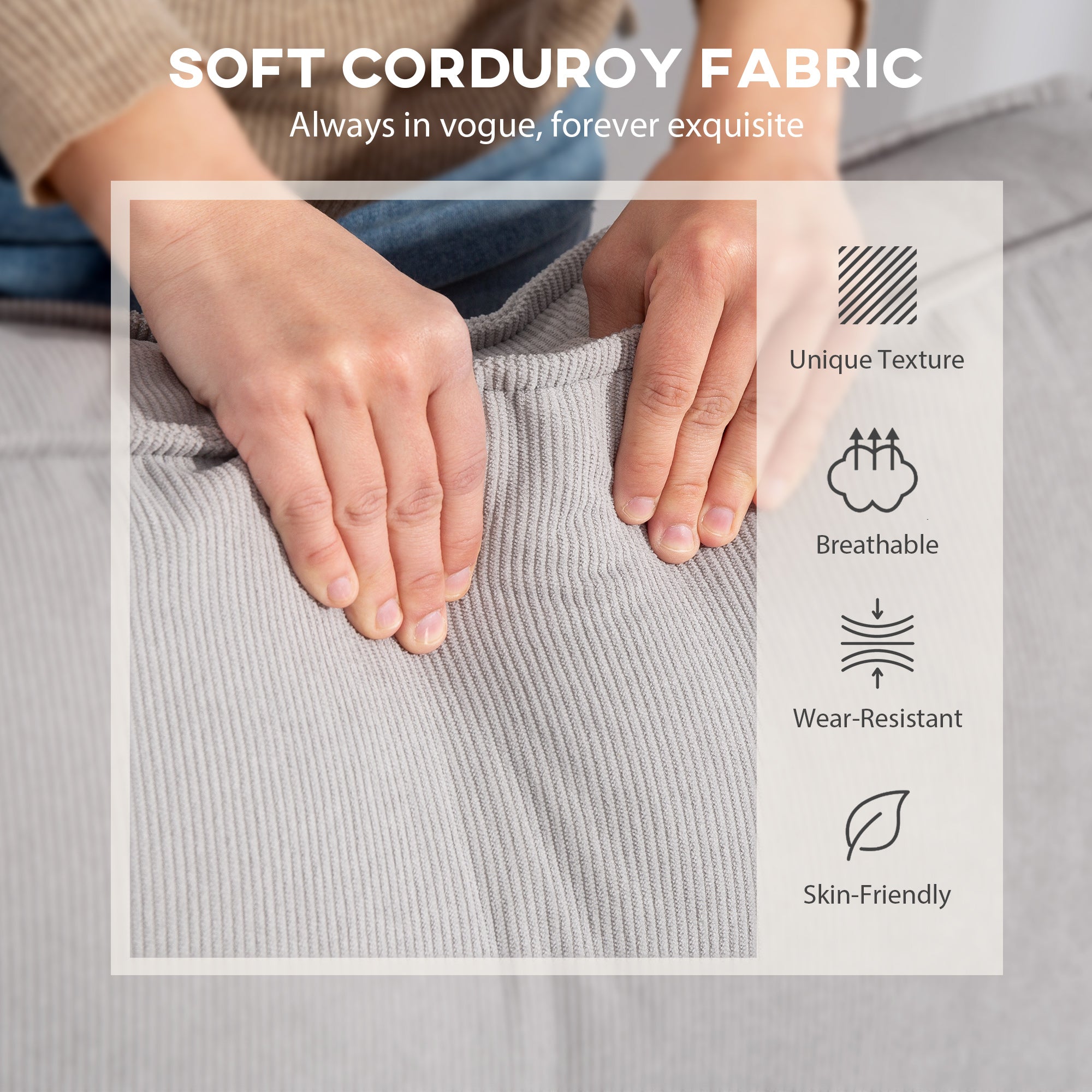 Corner Sofa with Reversible Chaise Lounge, Corduroy L-Shaped Sectional Sofa with Pocket Spring, Light Gray