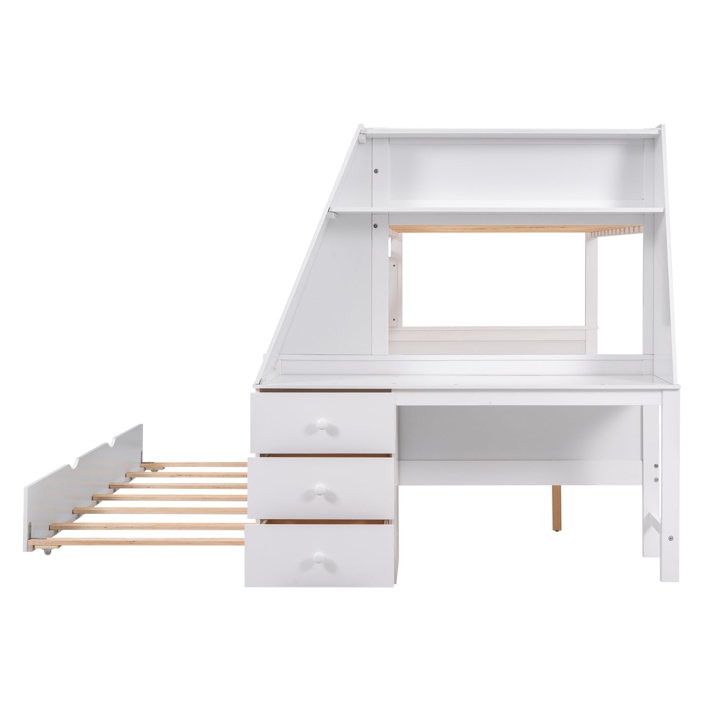Twin Full Bunk Bed W  Trundle, Desk, 3 Drawers   Shelf - White