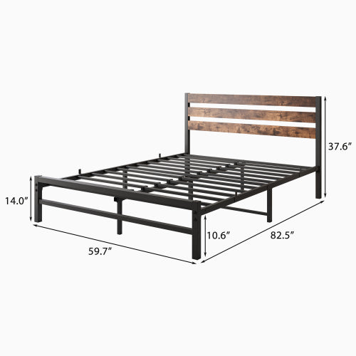 Queen Size Platform Bed Frame With Rustic Vintage Wood Headboard, Strong Metal Slats Support Mattress Foundation, No Box Spring Needed Rustic Brown