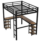 Full XL Metal Loft Bed With Desk And Shelves, Loft Bed With Ladder And Guardrails, Loft Bed Frame For Bedroom, Black