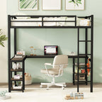 Full Metal Loft Bed With Desk And Shelves, Loft Bed With Ladder And Guardrails, Loft Bed Frame For B