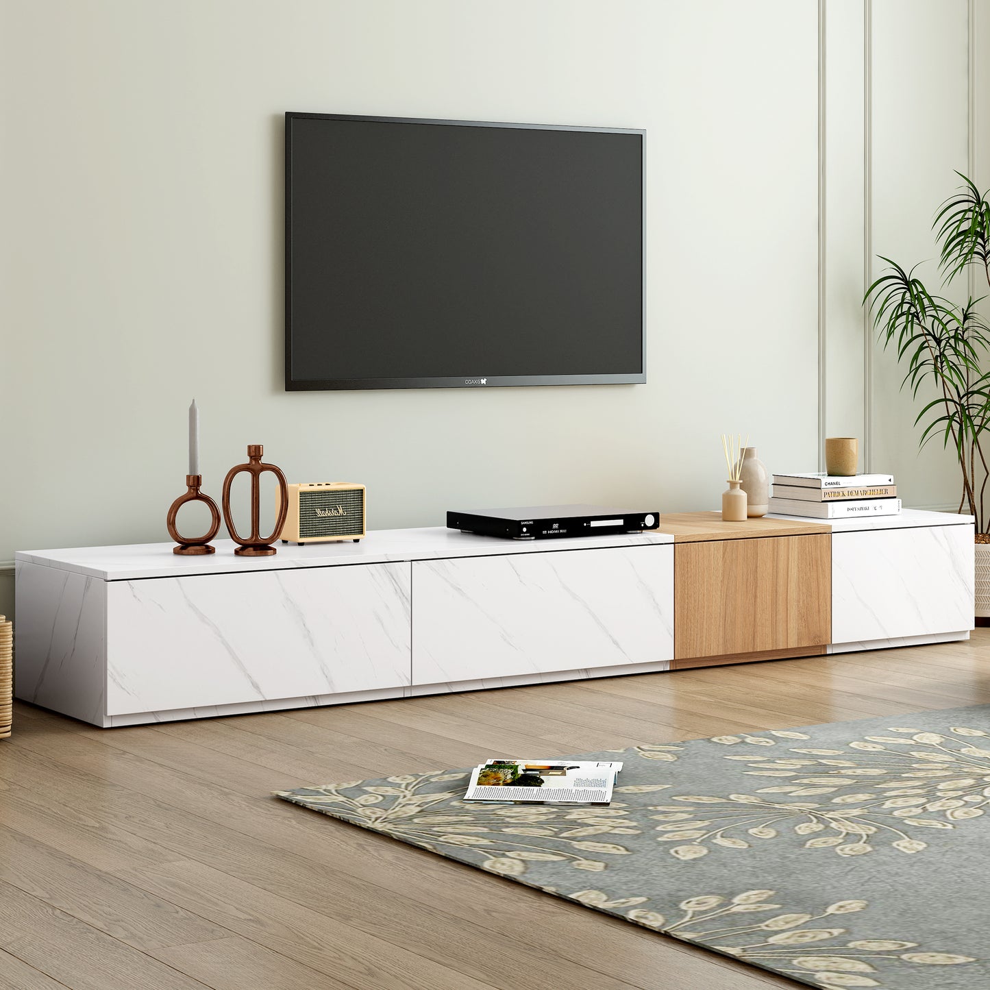 ON-TREND TV Stand With Faux Marble And Walnut Wood Grain Finish For TVs Up To 88'', Modern Free-Combination Entertainment Center With 4 Storage Drawers For Living Room, White