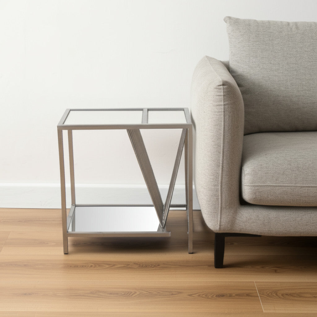 24" Silver Mirrored Glass And Iron End Table With Shelf