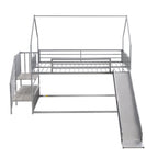 Twin Over Twin Metal Bunk Bed House Bed With Slide And Staircase, Silver