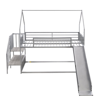 Twin Over Twin Metal Bunk Bed House Bed With Slide And Staircase, Silver