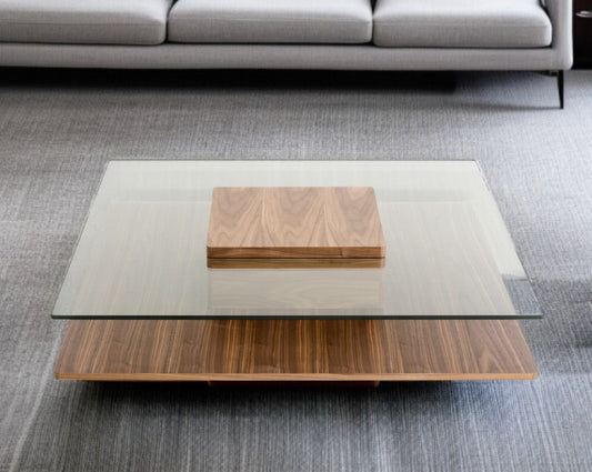 39" Clear and Brown Glass and Wood Pedestal Coffee Table With Shelf