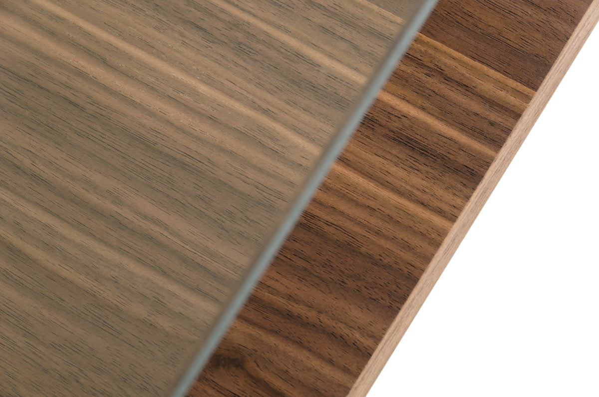 39" Clear and Brown Glass and Wood Pedestal Coffee Table With Shelf