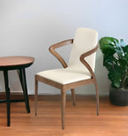 Cream and Brown Upholstered Faux Leather Dining Arm Chair
