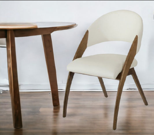 Set of Two Cream and Brown Upholstered Faux Leather Open Back Dining Arm Chairs