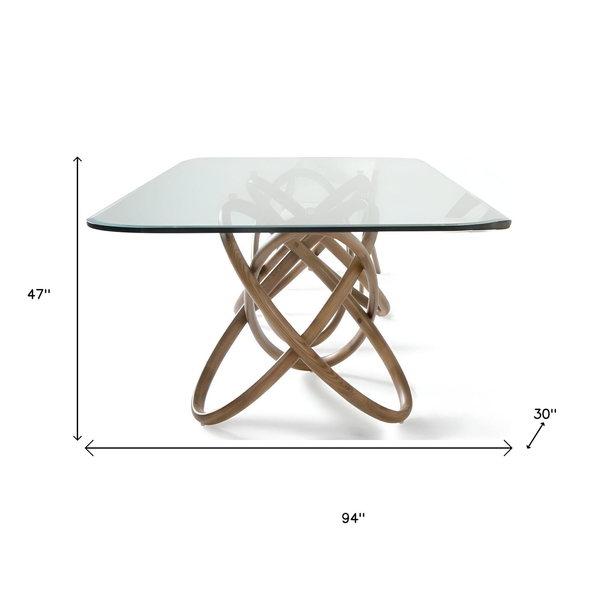 94" Clear And Natural Glass And Solid Wood Pedestal Base Dining Table