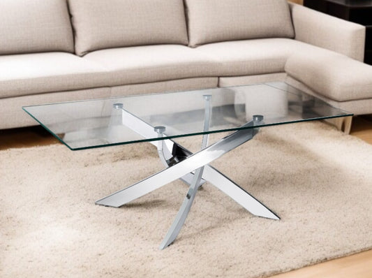 47" Clear and Silver Glass And Steel Cross Legs Coffee Table