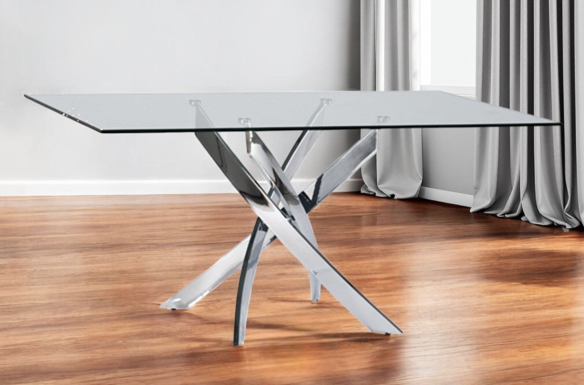 63" Clear And Silver Glass And Stainless Steel Pedestal Base Dining Table