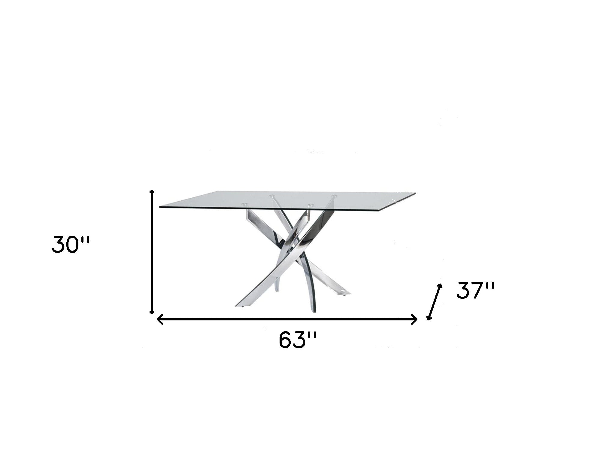 63" Clear And Silver Glass And Stainless Steel Pedestal Base Dining Table
