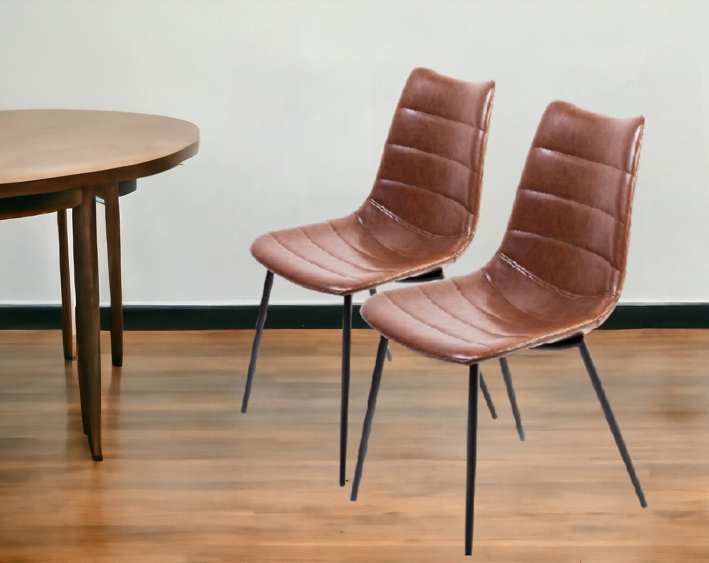 Set of Two Brown and Black Upholstered Faux Leather Dining Side Chairs