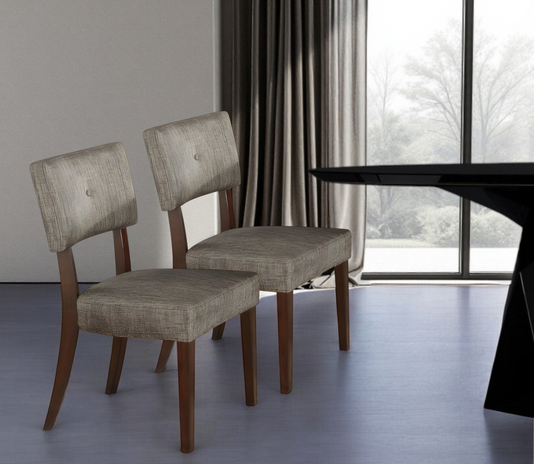 Set of Two Tufted Gray And Brown Upholstered Fabric Open Back Dining Side Chairs