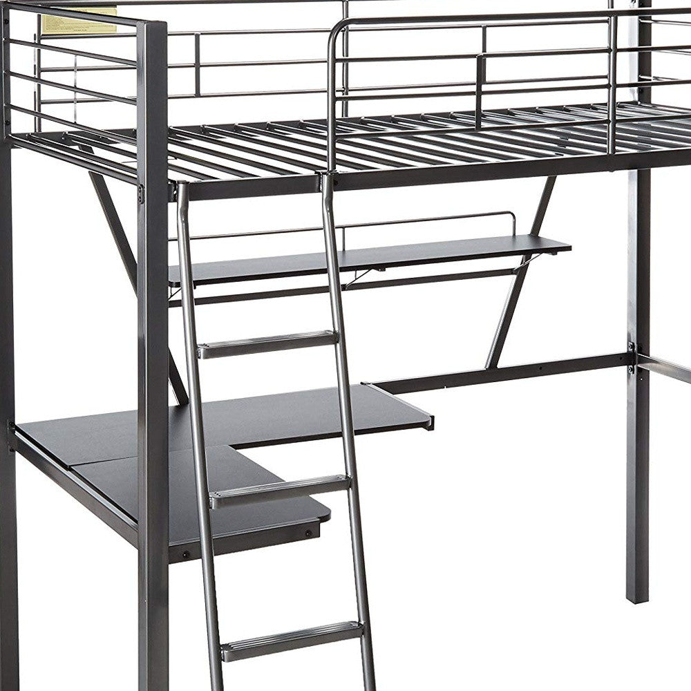 79" X 42" X 72" Silver And Black Metal Tube Loft Bed With Desk