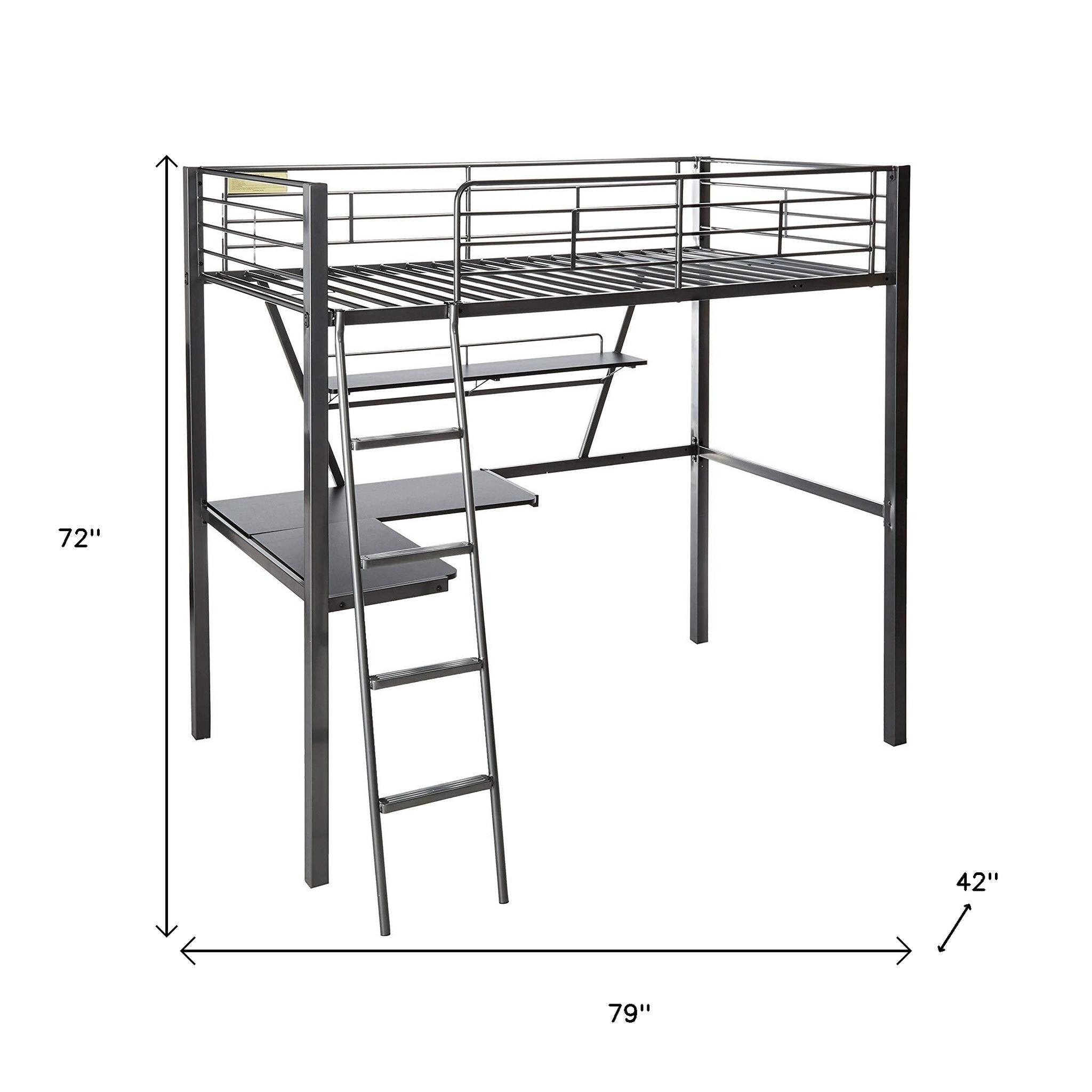 79" X 42" X 72" Silver And Black Metal Tube Loft Bed With Desk