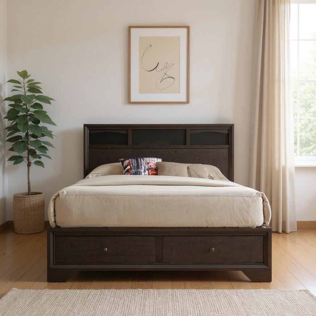 Espresso Solid Wood Queen Bed Frame With Drawers