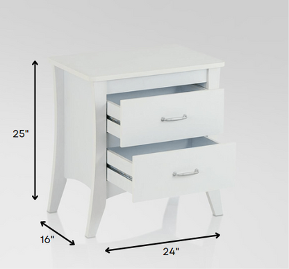 25" White Wood Two Drawer Nightstand