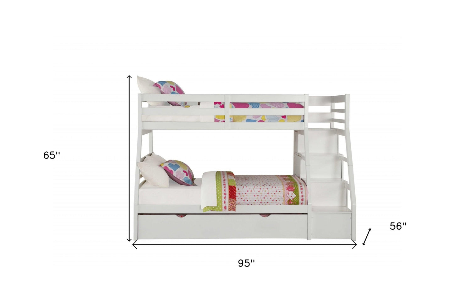 White Twin Over Full Solid Wood Bunk Bed With Stairs And Trundle And Storage