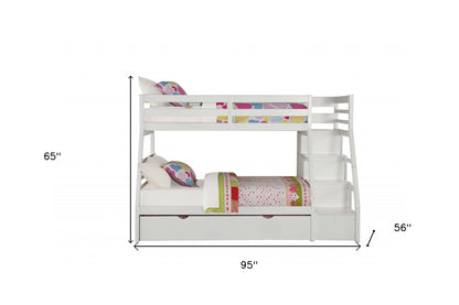 White Twin Over Full Solid Wood Bunk Bed With Stairs And Trundle And Storage