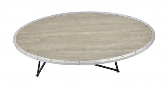 46" Natural and Black Wood And Iron Round Abstract Coffee Table