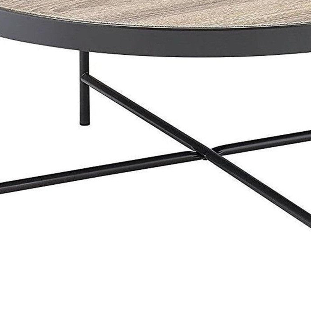 32" Brown and Black Wood And Iron Round Coffee Table