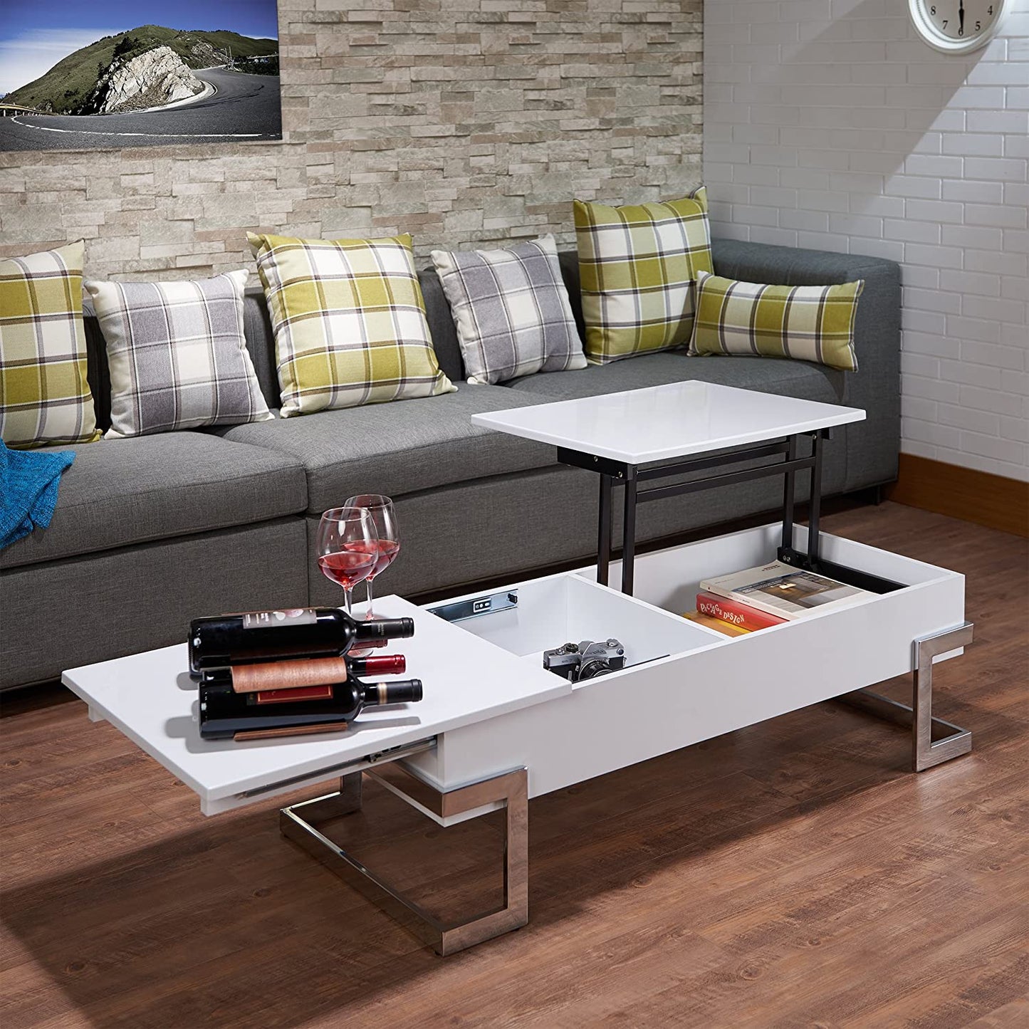 47" White and Silver Wood And Metal Lift Top Sled Coffee Table