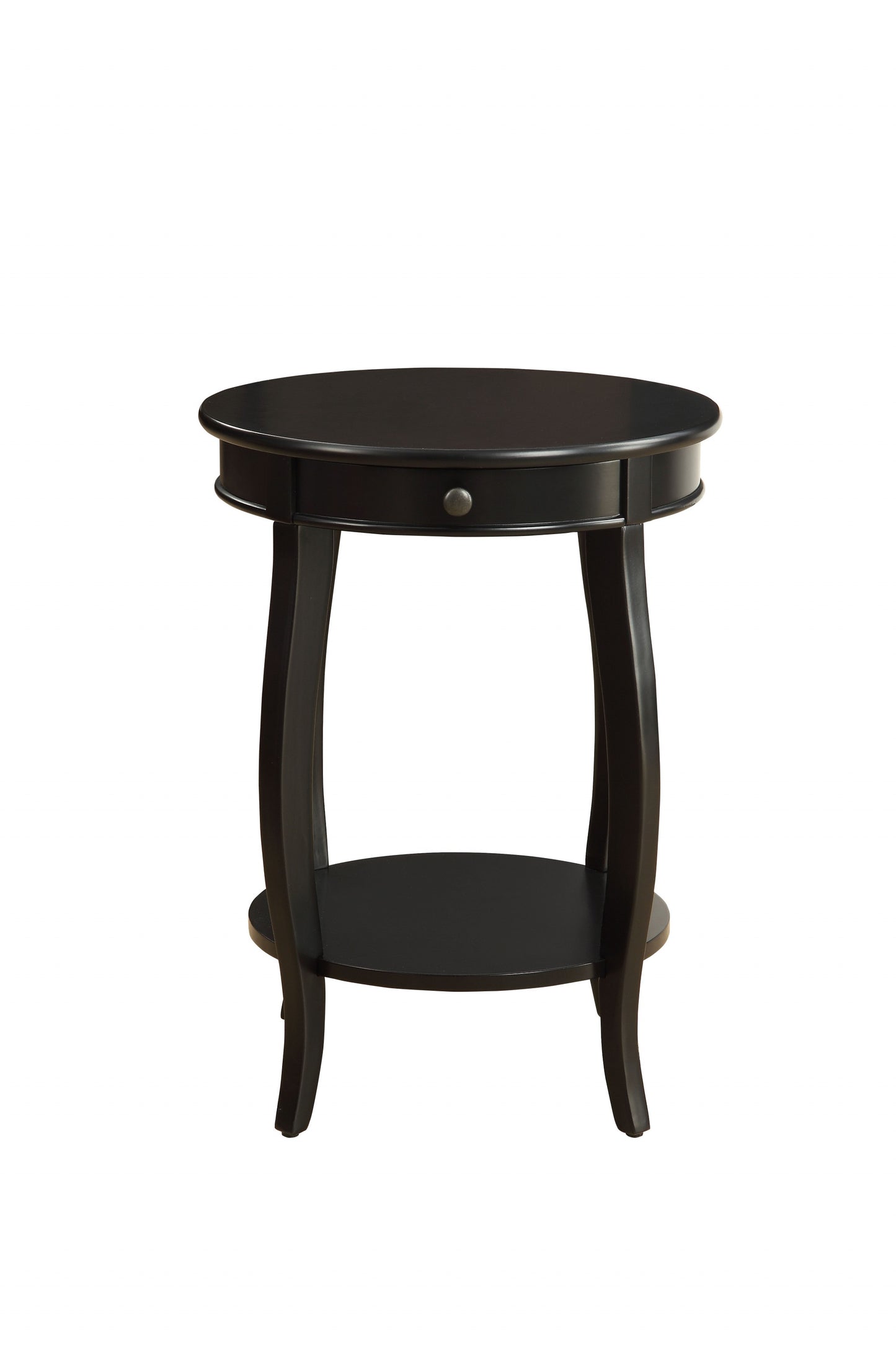24" Black Wood Round End Table With Drawer And Shelf