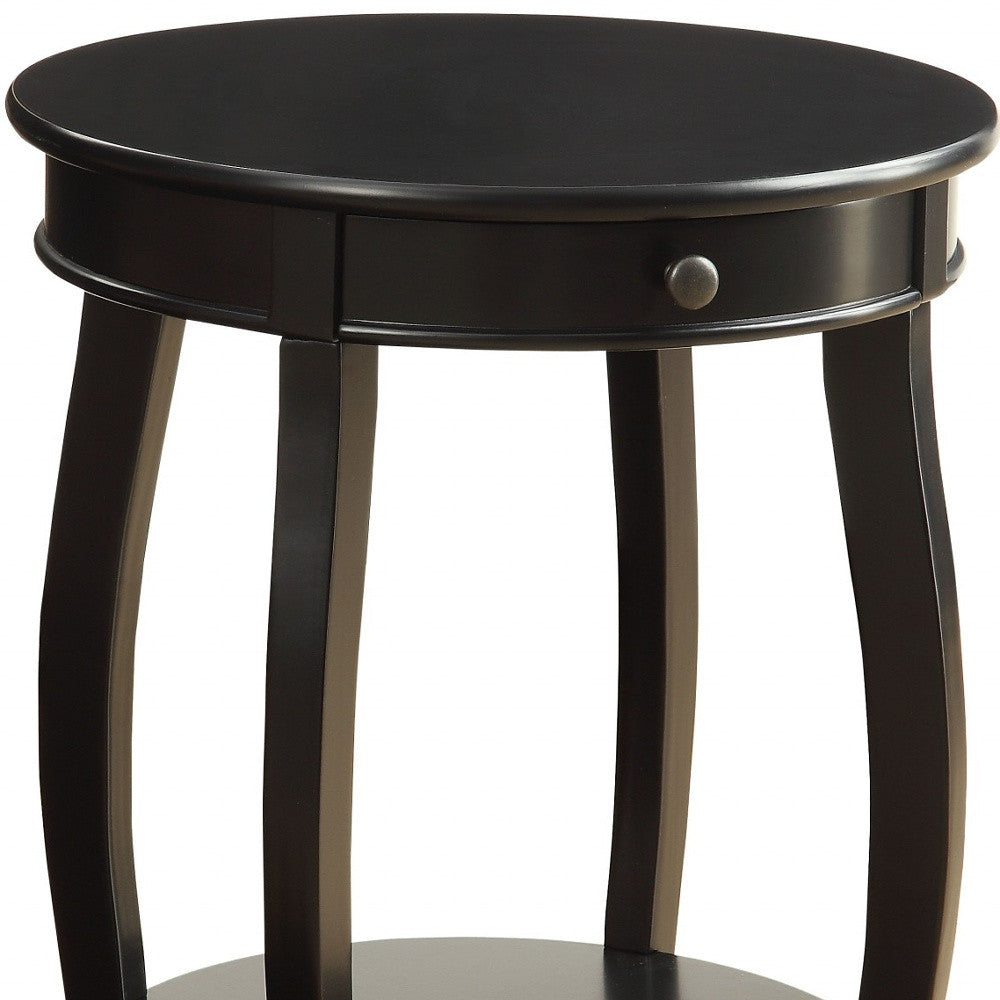 24" Black Wood Round End Table With Drawer And Shelf