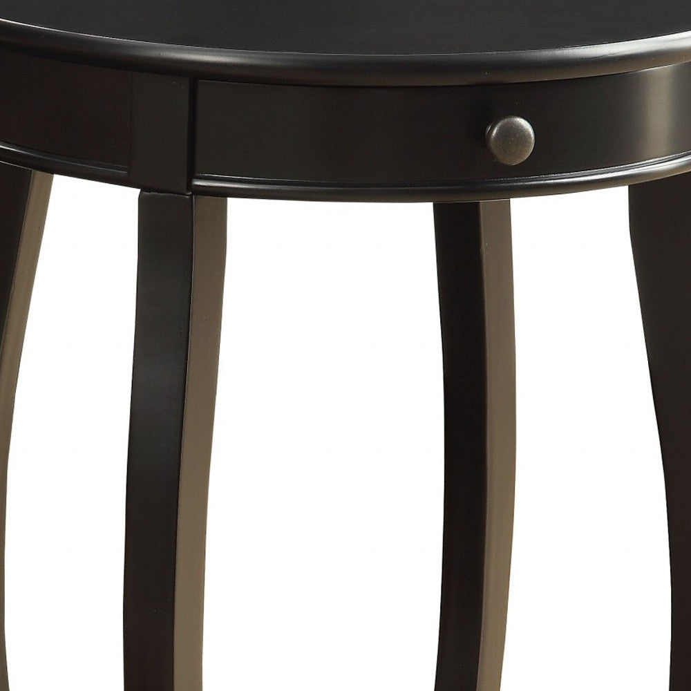 24" Black Wood Round End Table With Drawer And Shelf