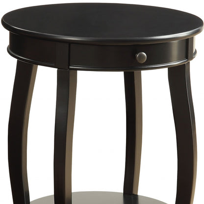 24" Black Wood Round End Table With Drawer And Shelf