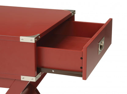 24" Red Wood Cross Legs End Table With Drawer
