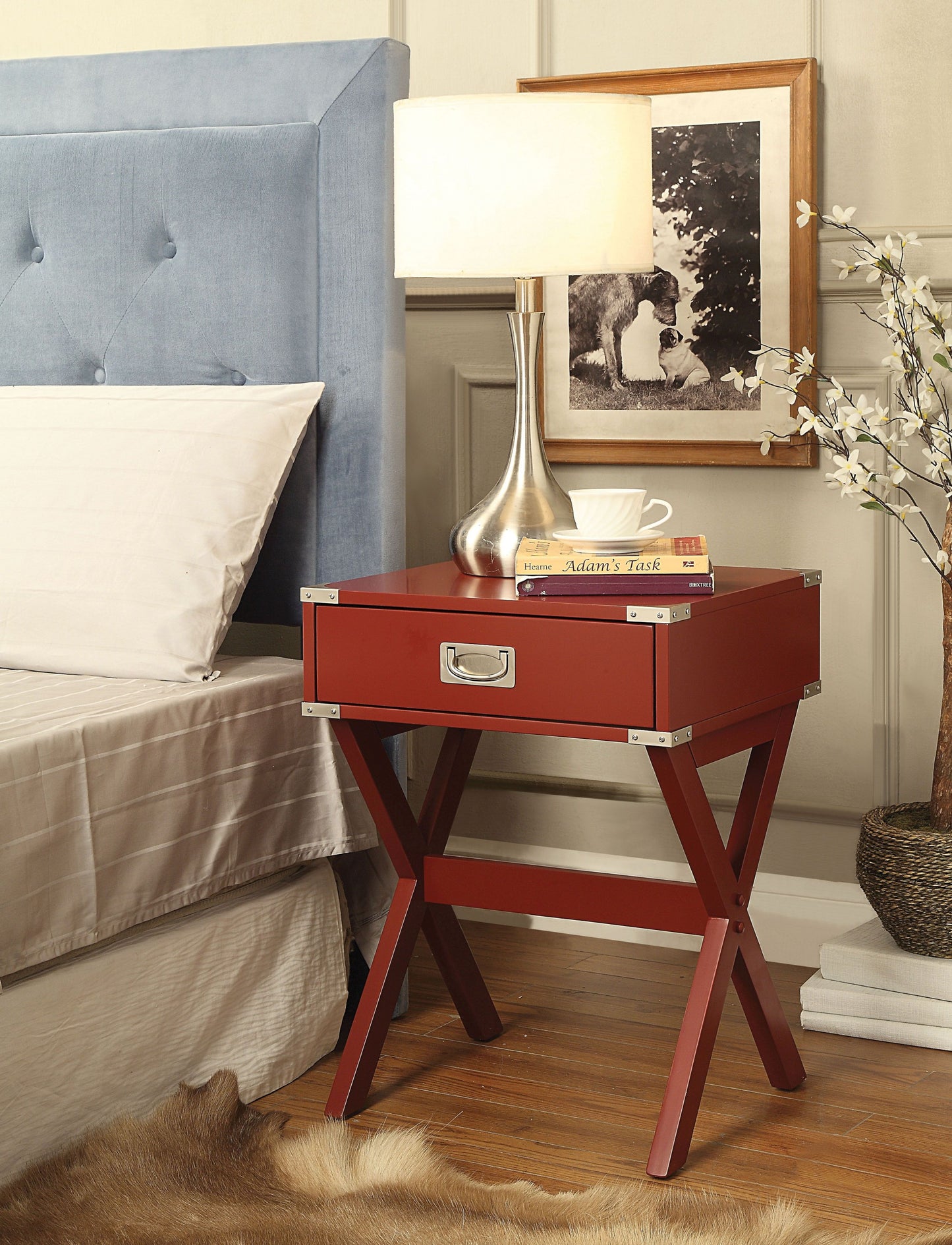 24" Red Wood Cross Legs End Table With Drawer