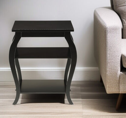 23" Black Wood Bow Leg End Table With Two Shelves
