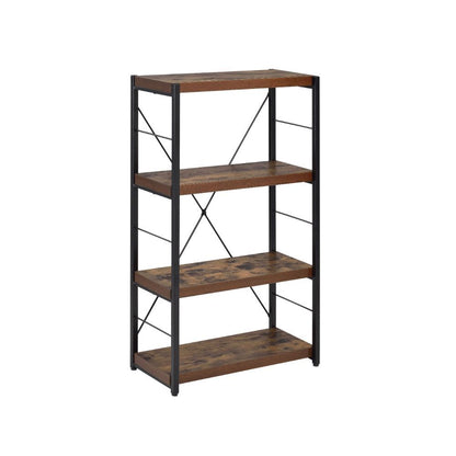 43" Black And Brown Distressed Metal and Wood Three Tier Etagere Bookcase