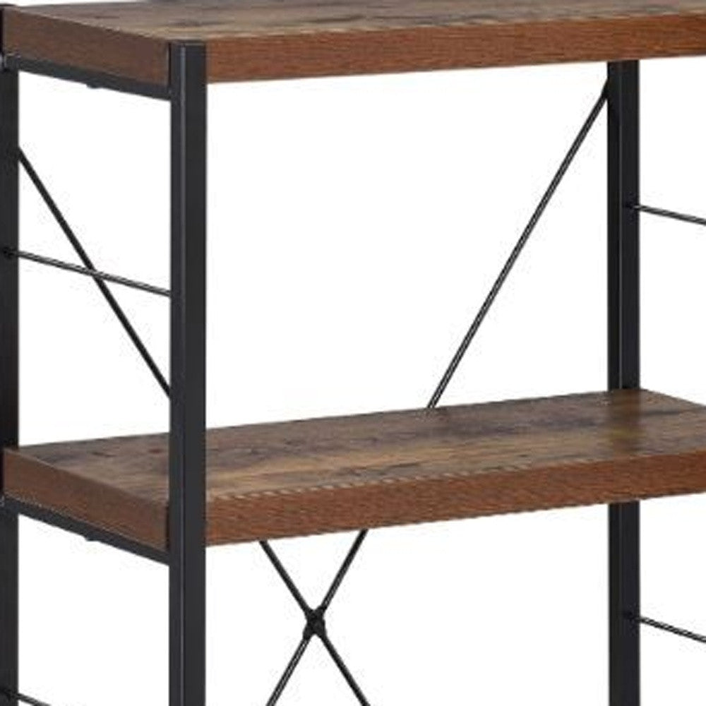 43" Black And Brown Distressed Metal and Wood Three Tier Etagere Bookcase