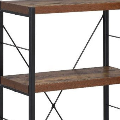 43" Black And Brown Distressed Metal and Wood Three Tier Etagere Bookcase