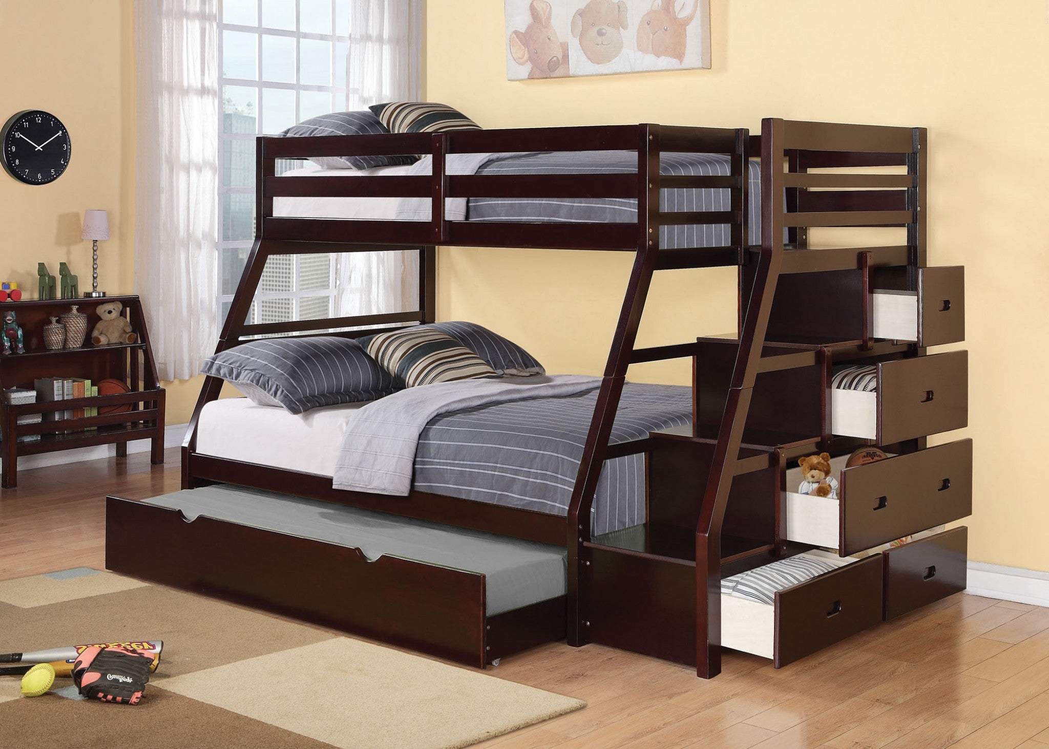 Espresso Twin Over Full Solid Wood Bunk Bed With Trundle And Storage