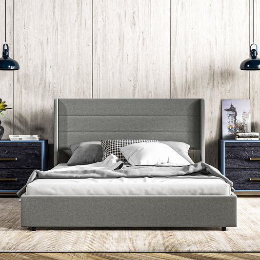 Queen Bed Frame with Storage Drawers, Queen Size Bed Base with Headboard, Wood Slats, Noise-Free, Light Gray