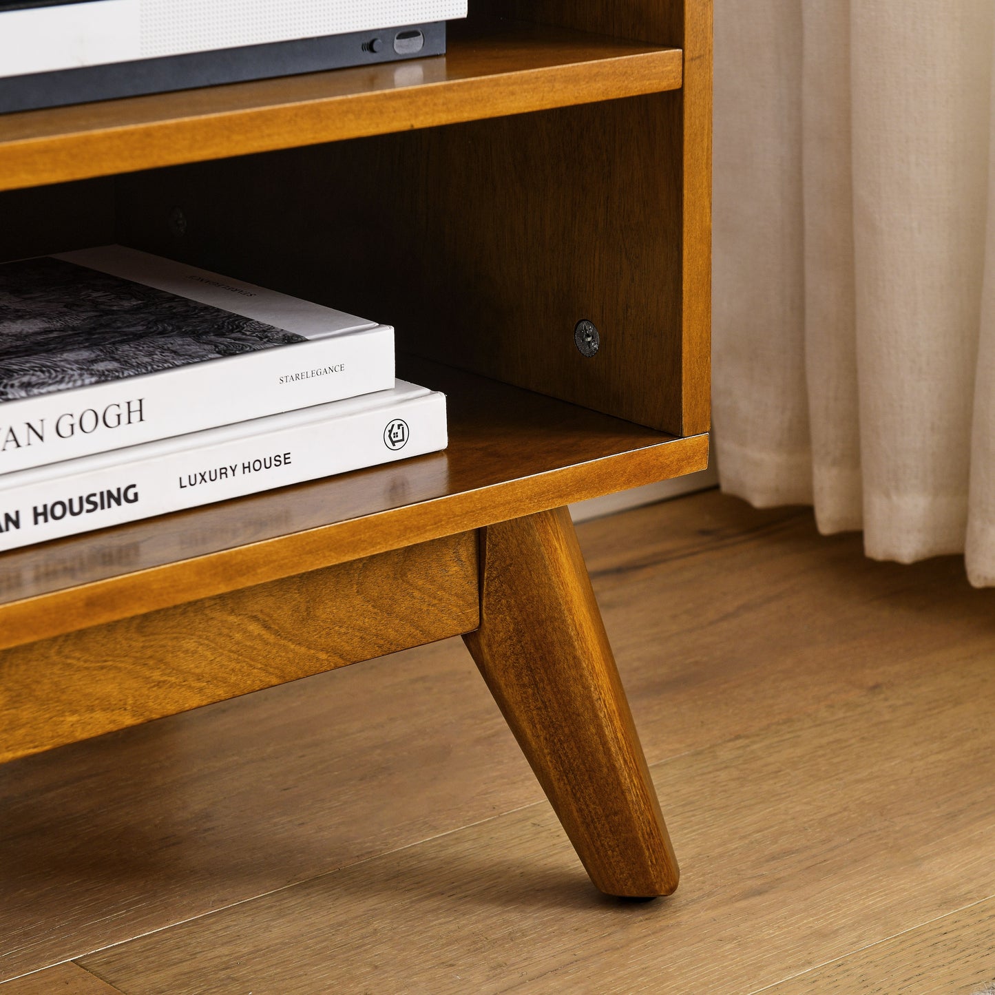 59 Inch Mid Century Modern Rattan TV Stand For 65 Inch TV, Entertainment Cabinet, Media Console For Living Room Media Room, Solid Wood Feet & Rattan Cabinet Doors - Light Wood